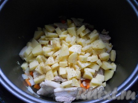Картофель порезать кубиками, добавить к остальным ингредиентам. Влить бульон, посолить. Выставить режим "Мультиповар", 100 градусов на 1 час.