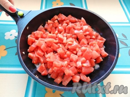 Выложить в сковороду нарезанные помидоры, приправить солью и специями.

