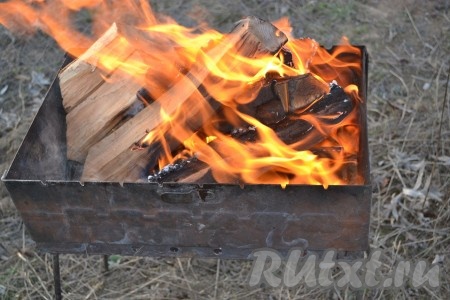 Шашлык будем готовить в мангале на решётке. Разводим огонь, ждём, когда дрова прогорят и останется только жар от углей (угли станут "седыми").
