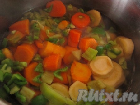 Морковь, пастернак (или сельдерей) и перец поместите в кастрюлю и залейте 1 литром воды. Поставьте кастрюлю на огонь, доведите до кипения и варите овощи на среднем огне.
