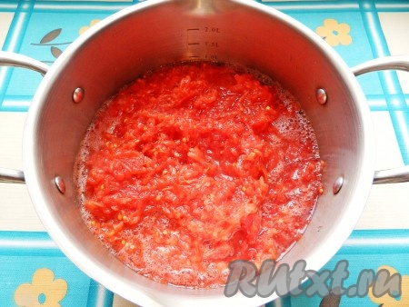 Должно получиться около 1 л томатного пюре. Кастрюлю с томатным пюре поставить на огонь и довести до кипения.