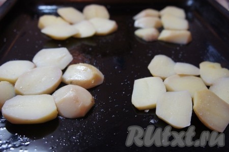 Противень смазать растительным маслом, уложить пластинки картофеля, посолить.

