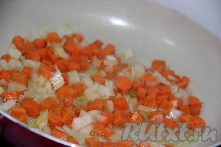 Лук и морковь почистить. Лук нарезать мелко, морковь - на небольшие кубики. В сковороду влить растительное масло, разогреть, выложить лук и обжарить его в течение 2-3 минут на среднем огне, иногда помешивая. Затем выложить в сковороду морковь, перемешать и обжаривать 6-7 минут (до мягкости моркови), иногда перемешивая.
