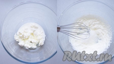 В миске соединить творог, молоко, сахар, соль и растительное масло, тщательно перемешать (можно венчиком блендера).
