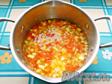 Влить к овощам 300 миллилитров воды, довести до кипения, а затем варить суп на небольшом огне около 10-15 минут (до мягкости всех овощей).