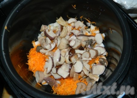 Морковь натираем на тёрке, нарезаем репчатый лук и грибы. Включаем на 20 минут режим мультиварки "Жарка", в чашу мультиварки добавляем растительное масло, выкладываем лук, морковь и грибы.
