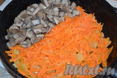 Лук порезать кубиками, морковь натереть на тёрке. Сначала обжарить лук на растительном масле до прозрачности, добавить морковь и грибы. Перемешать, обжаривать 5 минут, помешивая, на медленном огне.
