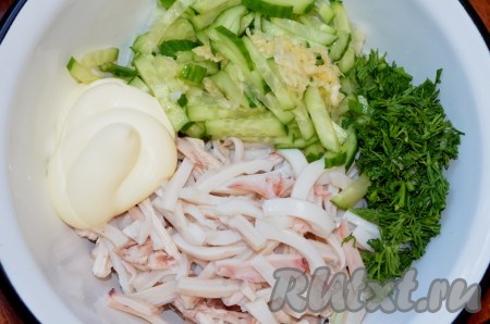 Огурцы, курицу, кальмары, лук, чеснок сложить в миску, добавить рубленный укроп, майонез или сметану, посолить, поперчить и перемешать салат.

