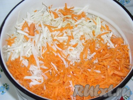 Очистить капусту от верхних листьев, помыть и тоненько нарезать. Морковь очистить, вымыть и натереть на тёрке.
