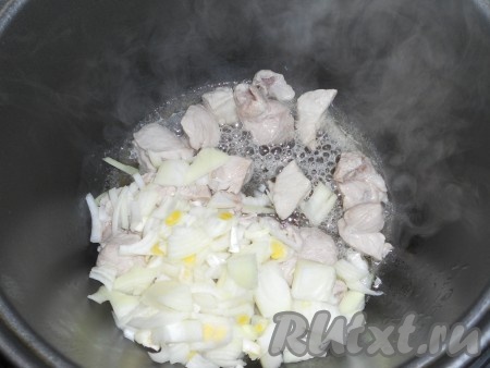 Свинину промыть водой, обсушить, нарезать на средние кусочки. Лук и морковь очистить. В чашу мультиварки влить растительное масло, выложить кусочки свинины, посолить и поперчить. Выставить режим "Жарка" или "Выпечка" на 15 минут. Обжаривать мясо, периодически помешивая, не закрывая крышку мультиварки, до окончания программы. Затем выложить лук, нарезанный на средние кусочки.