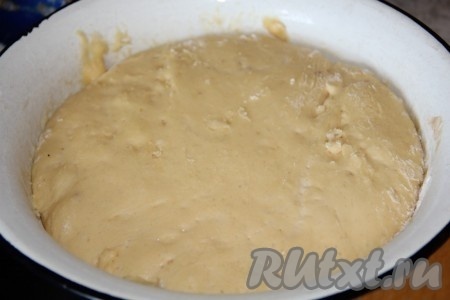 Добавить муку и  замесить тесто. Тесто получается мягкое. Поставить его в теплое место на 30-40 минут. 