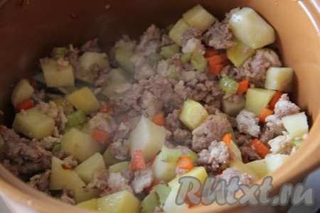 Добавить к обжаренным овощам фарш, перемешать, залить водой и молоком. Варить суп до готовности картофеля.
