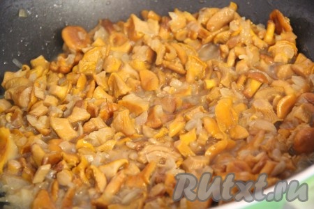 Выложить лисички на сковороду с обжаренным луком и тушить, периодически помешивая, минут 25 (до полного испарения жидкости).