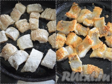 Обжарить рыбу с двух сторон до золотистой корочки на масле в отдельной сковороде.
