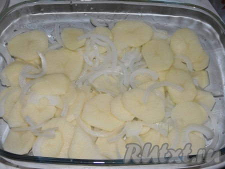 Картофель очистить и нарезать небольшими тонкими кружочками. Репчатый лук очистить, нарезать полукольцами. Нарезанный картофель перемешать вместе с луком и солью, выложить ровным слоем в форму для запекания.