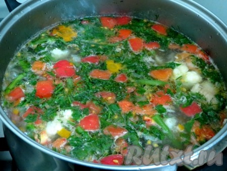 А также добавляем в суп обжаренные лук и морковь, цветную капусту, лавровый лист. Отправляем клёцки в суп, делаем это так: набираем половину чайной ложечки теста и отправляем в суп (чтобы первая клёцка хорошо снялась с ложки, опустите вначале ложечку в кипящий суп, а потом набирайте тесто). Через минуту клёцка должна всплыть, если не всплыла а растеклась, добавьте немного муки. Таким образом можно узнать достаточно муки или нет. Солим суп, перчим. Варим ещё минут 10, пока не сварятся клёцки.
