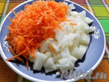 Лук репчатый нарезать небольшими кусочками, морковь натереть на крупной терке.
