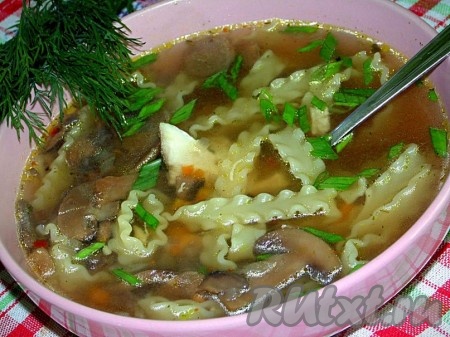 Ароматный, вкусный куриный суп с лапшой и грибами готов, при подаче посыпать измельчённой зеленью, а по желанию можно добавить сметанки. 
