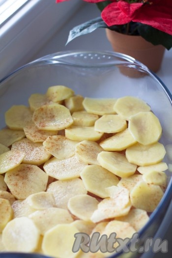 Поверх мяса выложите картофель, нарезанный тонкими кружками, и присыпьте молотым перцем и солью.
