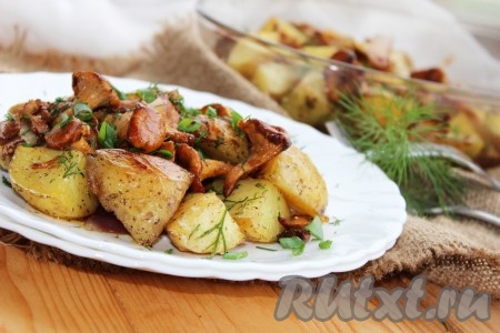 На блюдо выложить готовый запеченный картофель. Сверху разложить жареные грибы. Очень вкусное, горячее, сытное блюдо готово. При подаче, по желанию, жареные лесные грибы с картошкой можно посыпать мелко рубленной зеленью.
