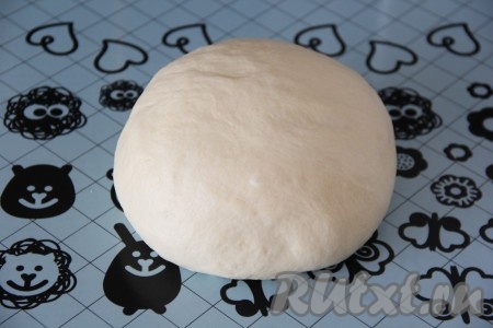 Поднявшееся тесто выложить на силиконовый коврик (или на поверхность, припорошенную мукой), хорошо обмять. Прикрыть тесто полотенцем и оставить на столе на 30 минут, а затем ещё раз хорошо обмять.