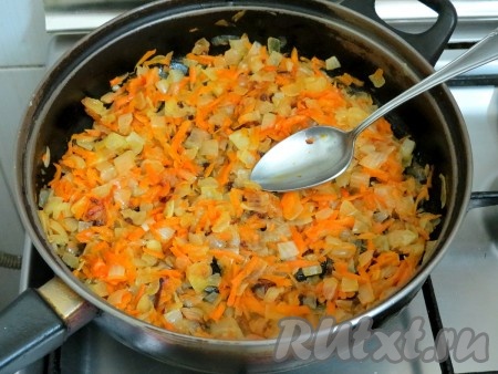 На сковороде разогреваем растительное масло, затем выкладываем морковку с луком, перемешиваем и обжариваем овощи до мягкости на среднем огне, периодически помешивая.