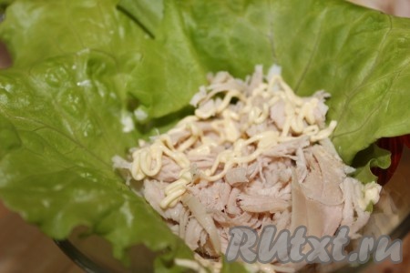 На дно порционных салатников или креманок выложить зелень (по желанию) и часть куриного филе. Нанести майонезную сеточку. 