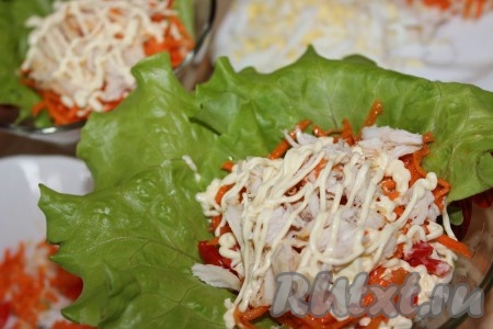 Оставшуюся часть куриного филе уложить следующим слоем на корейскую морковь. Покрыть филе майонезной сеточкой.
