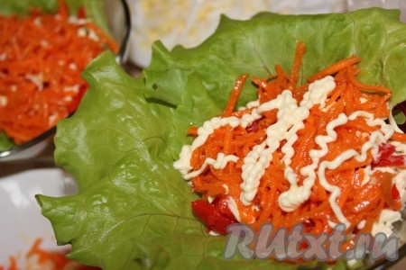 Морковь по-корейски выложить поверх болгарского перца. Нанести тонким слоем майонез.
