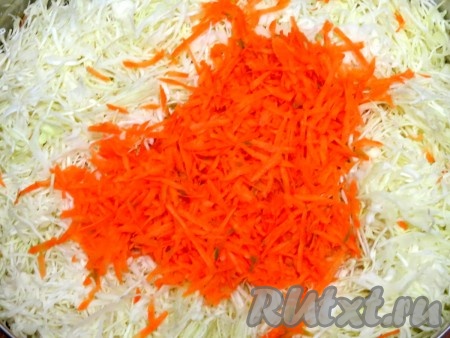 Натираем морковь на крупной тёрке. Высыпаем частями к капусте, перемешиваем. Это лучше всего делать в больших ёмкостях. Количество моркови регулируйте по своему вкусу.
