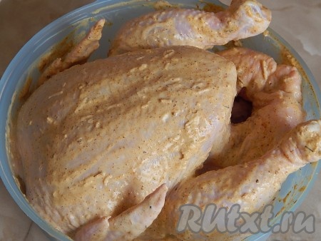 Курицу со всех сторон обмазываем полученной смесью и оставляем на час, чтобы мясо пропиталось специями.
