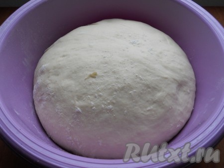 Оставить тесто, накрыв посуду пищевой пленкой, в теплом месте на 1-1,5 часа. За время подхода тесто следует 2 раза обмять. В итоге тесто должно увеличиться в объеме минимум в 2 раза.

