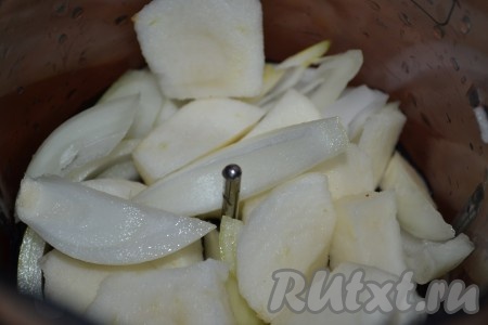Очистить яблоко от шкурки и сердцевины, измельчить в блендере вместе с очищенным луком.
