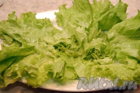 Выложить листовой салат на тарелку.