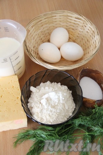 Подготовить продукты для приготовления лепёшек с сыром и зеленью на сковороде.