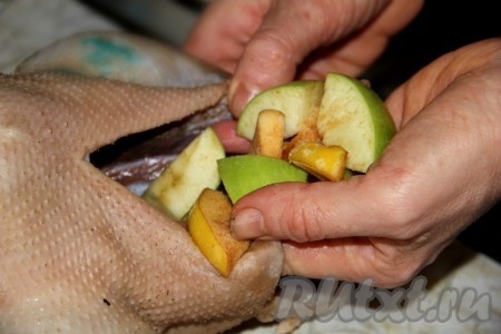 Утку натираем внутри солью, перцем и утрамбовываем внутрь наши яблоки с айвой. 
