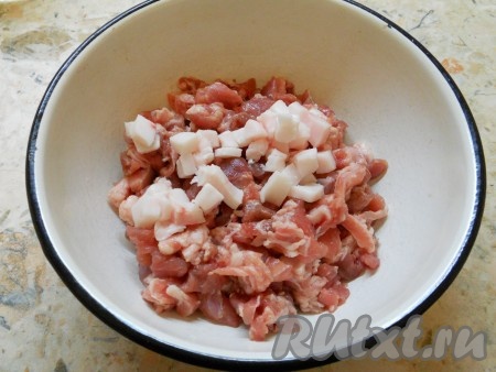 Свинину нарезать маленькими кусочками, также нарезать и свиное сало.
