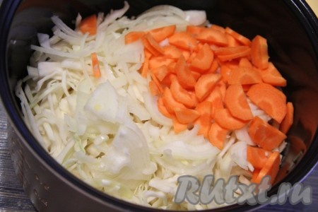  В чашу мультиварки выложить капусту, лук и морковь.